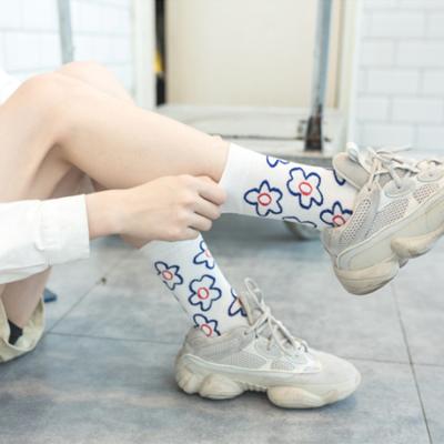 China Lady Antibacterial Wholesale Antibacterial White Pink Dark Logo Floral Flower Crew Socks Custom Made For Women Design Tights for sale