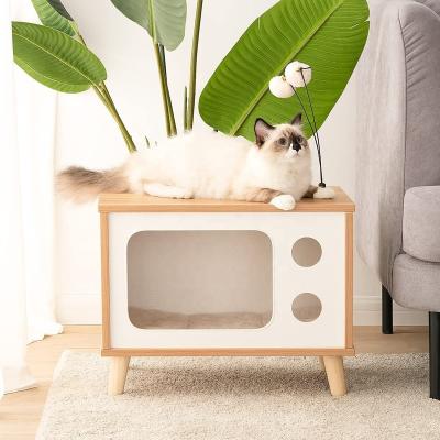 China Large Sturdy Luxury Wood Furniture Shaped Indoor TV Stocked Cat House Condo Cat Bed Shelter for sale