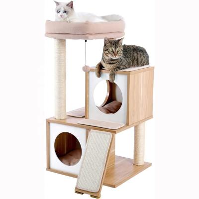 China Fashion Stocked Hot Saling Cat Tree Wooden Cat Tower with Double Housings for sale