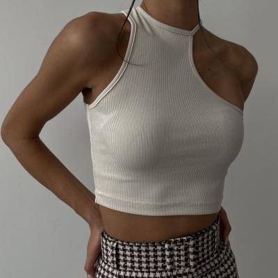 China 2022 Summer Women's Solid Color Sleeveless Crop Top Breathable Warm Asymmetrical Neck O Neck Crop Top for sale