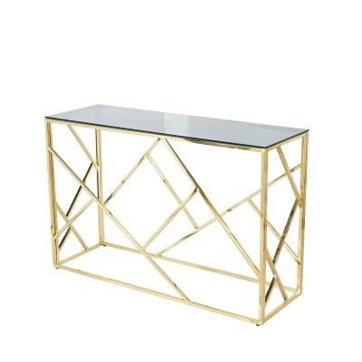 China Corner Stable Luxury Glass Top Gold Steel Legs Corridor Living Room Decorative Console Table for sale