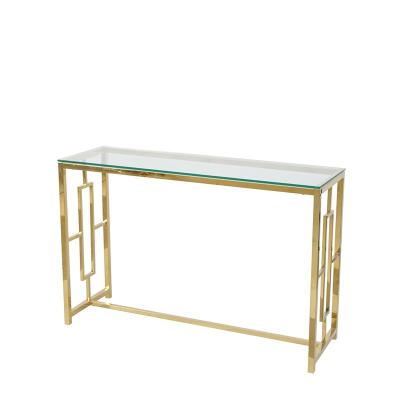 China Hallway Stable Luxury Clear Glass Gold Low Corner Stainless Steel Top Tall Living Room Decorative Console Table for sale