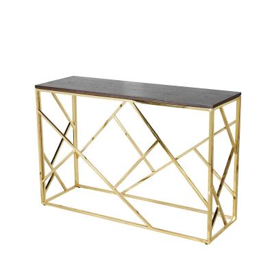 China Stainless Steel Gold Steady Leg Chrome Factory Tea Desk Strip Metal Glass Top Console Table for sale