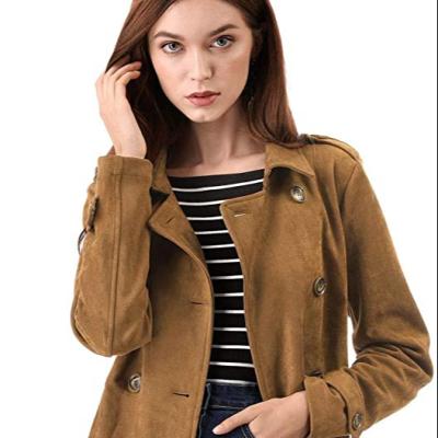 China 2021 Viable Fashion Notched Lapel Faux Double Breasted Suede Long Gap Coat Women With Belt for sale