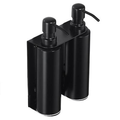 China Professional Matte Black Double Soap Dispenser Bathroom Wall Soap Dispenser 304 Stainless Steel Wall Liquid Soap Dispenser for sale