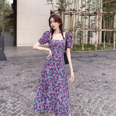 China Purple Breathable Bubble Sleeve Slit Printing Skirt Dress Women's French Loose A-Line Skirt for sale