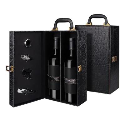 China Other Gift Craft Storage Leather Wine Box And Handles Single Bottle Reusable Gift Box Crocodile Grain Pu Leather Double Bottle 750ml Red Wine Box for sale