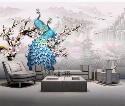 China Country embossed pvc blue wall peacock magnolia flower 3d wallpaper home decoration mural for sale