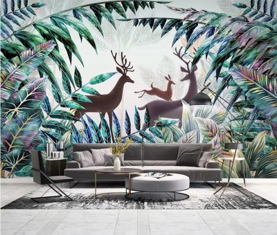 China Nordic tropical plants wallpaper elk country forest 3d wallpaper modern home decoration for sale