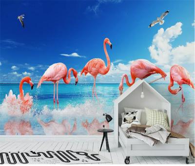 China Red flamingo wallpaper home decoration 3d wallpaper country sun sea blue wallpaper mural sticker for sale