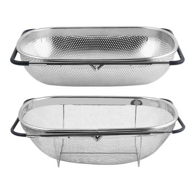 China Sustainable Premium Quality Over The Sink Oval Stainless Steel Colander With 6 Quart Fine Mesh Strainer Basket And Expanding Rubber Handle Hand for sale