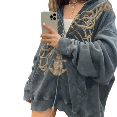 China Y2K Custom Reversible Velvet Hoodies Skeleton Graphic Printed Oversized Long Sleeve Streetwear Full Zip Up Hoodie Women for sale