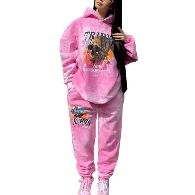 China Breathable Customize Skull Letter Print Tie Dye Jogger Fleece Winter Hoodie Oversized Sports Tracksuit 2 Pieces Set Women for sale