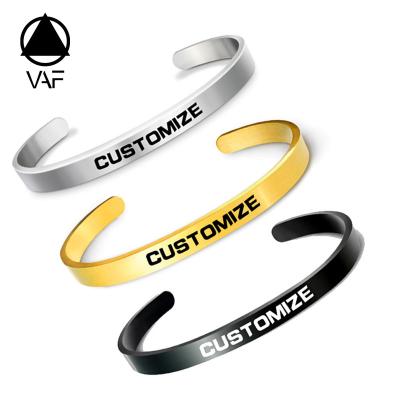 China VAF CLASSIQUE Customized Inspirational Motivational Stainless Steel Engraved Logo Letter Name Bangle Open Affirmation C Cuff Bracelet for sale