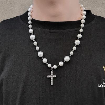 China VAF Hip Hop Natural Freshwater Pearl Cross Pendant Necklace Men Crucifix Necklace Non-fading Stainless Steel Cross Necklace for sale