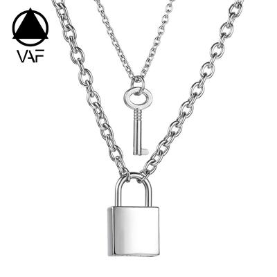 China Punk VAF Statement Multilayer Lock And Key Pendant Necklace Stainless Steel Padlock Designer Sets Necklace For Men Women for sale