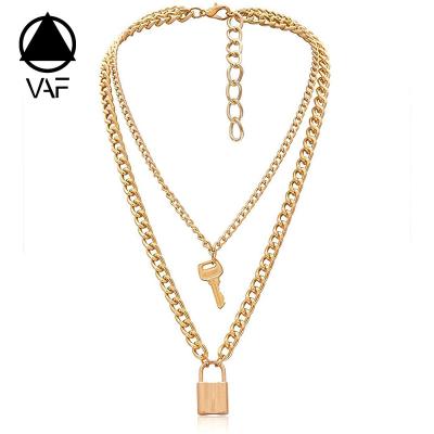 China Fashion VAF Statement Multilayer Lock And Key Pendant Necklace Designer Men's Long Chain Punk Women'S Pendant Necklace For Men for sale