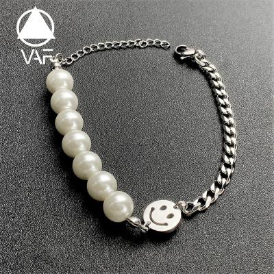 China Vintage VAF Hip Hop Men's Cuban Bead Chain Link Bracelets Minimalist Elastic Smiley Face Bracelets Fresh Water for sale