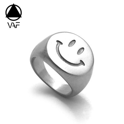 China Silver Happy Smile Smiley Face Anillo Cara Sonriente Ring For Men Vintage VAF 316L Stainless Steel Titanium Casual/Sporty Rings for sale