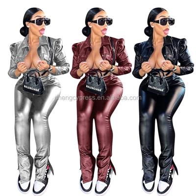 China Plus Size Teams 2 Piece 2021 Fashionable Leather Sleeve Crop Long Full Legging Ladies Fashion Silver Jackets Pencil Panty Set for sale