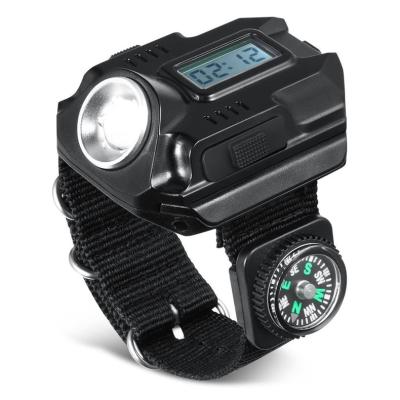 China Rechargeable Led Waterproof Mountaineering Torch Wrist Light Mountaineering Watch Wrist Flashlight with Compass Tactical Flashlights for sale