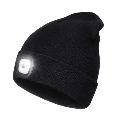 China Camping LED Beanie Hat with Lightweight Unisex USB Rechargeable Hands Free 4 LED Headlight Hat Winter Knitted Night Lit Hat Flashlight for sale