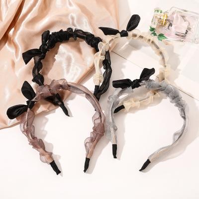 China Wholesale Custom Decoration Fashion Girls Mesh Hairband Headband With Pleated Bow Premium Hair Accessories For Women Headband for sale