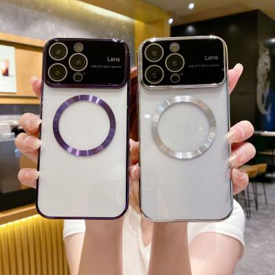 China Fashionable Girls Large Window Electroplated Magnetic Phone Cover for iPhone 14/15 Pro Max for sale