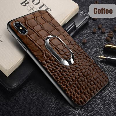 중국 Coffee Unique Magnetic Ring Crocodile Genuine Leather Phone Cover for iPhone 15 Pro Max 판매용