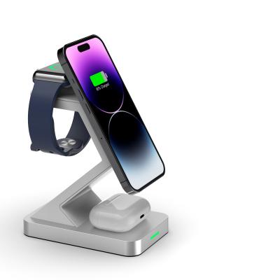 China Fast Charging Magnetic Phone Charging Stand with 3 in 1 Wireless Charger and Type C Input Design for sale