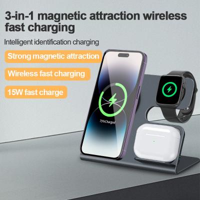 China Desktop 3 In 1 Wireless Charger Stand Magnetic Suction 15W Wireless Charger For Mobile Phone for sale