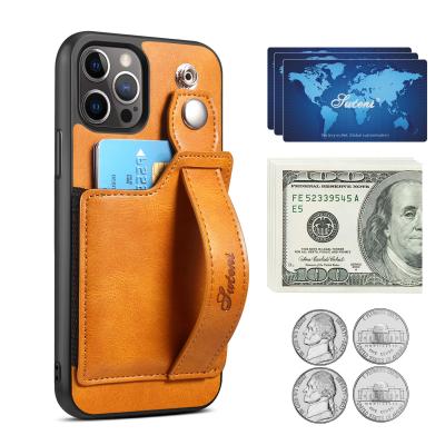 China 14 Pro Max PU Leather Cover Cell Phone Case with Card Holster and Wrist Strap for sale