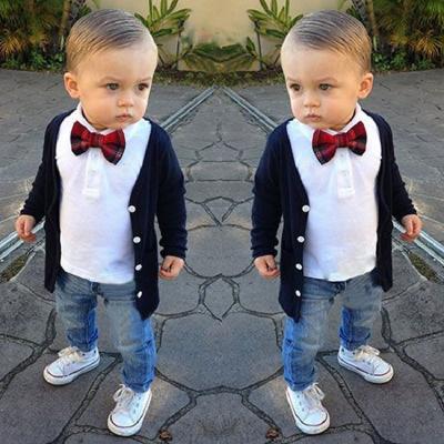 China Formal Boys Suits 4 Pcs Set Cardigan Coat + T-shirt + Jeans Kids Boys Dress Sets + Bow Toddler Clothes for sale