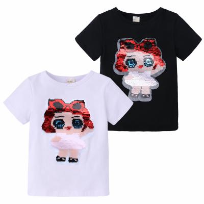 China Breathable Kids Stitches Short Sleeve T-shirt Cartoon Tops Sequin Shirt Girls Sequin Magic Reversible T-shirt for sale