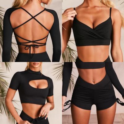 China Breathable Women 5 Piece Naked Cross Feeling Yoga Set Top And Ruched Shorts Back And Gaiters Cut Out Crop Top for sale