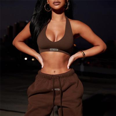 China Breathable Women 2 Pieces Halter Bra And Jogger Set Tops And Fitness Short Elastic Custom Logo Casual Set for sale