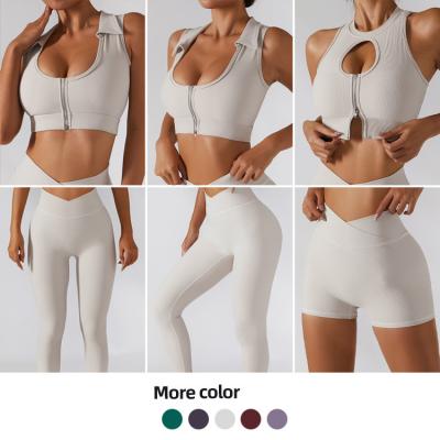 China Breathable Women 4 Piece Set Rib Seamless Zipper Yoga Top And Squat Leggings Workout Waist Proof Custom Logo High Fitness for sale