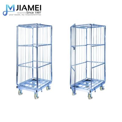 China Durable Safety 4 Sides Metal Wire Mesh Folding Logistic Steel Roll Folding Magazine Racks JIAMEI Warehouse Cage Trolley Cart for sale