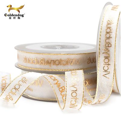 China Hot Sale 16mm Organza Printing White Gold Edge Organza Ribbon Ribbon With Double Face Gold Edge for sale