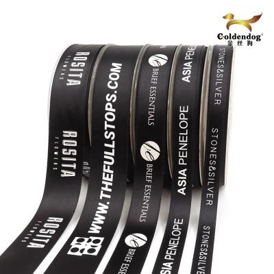 China Eco-friendly High Density Quality Customized Logo And Healthy Printed Black Satin Ribbon Roll With White Branded Name For Packing for sale