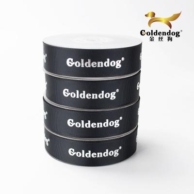 China Sustainable Custom Black Business Name Embossed Printed Silver Foil Grosgrain Ribbon for sale