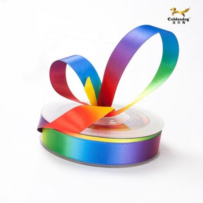 China Bright Color Fastness Custom Heat Transfer Printing Decorative Rainbow Satin Ribbon Double Sided Tape for sale