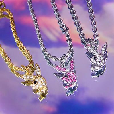 China Stainless Steel Rope Chain Pink Crystal Rabbit Necklace Fashion Hiphop Hot Selling Necklace for sale