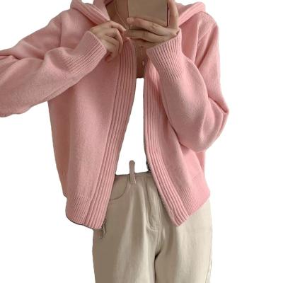 China 2023 New Spring Cute Soft Women's Sweater Short Zipper Hooded Knitted Cardigan Anti-Wrinkle for sale