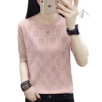 China Anti-wrinkle summer women's knitwear short sleeve hollowed out breathable non-stuffy design ice silk factory wholesale loose thin for sale