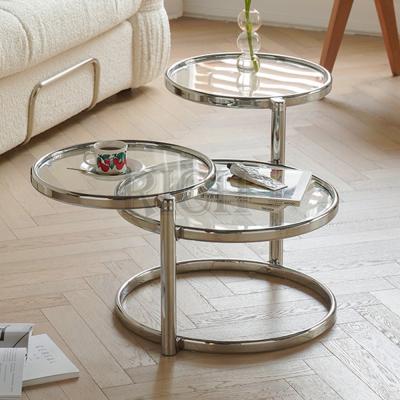 China 4 Layer Extendable Glass Top Center Table For Living Room Coffee Tables Stainless Steel Swivel Glass Metal Base Revolving Coffee Table for sale