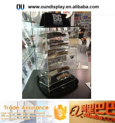 China Acrylic Revolving Lockable Knife Display Acrylic Plexiglass Hunting Knife Kitchen Knife Display Stands for sale