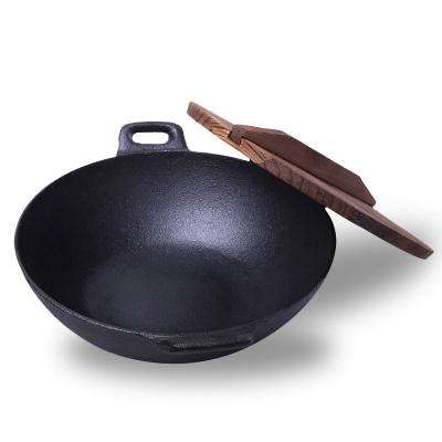 China China factory cast iron sustainable wok preseasoned round shape oil wok with two handles for sale