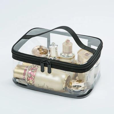 China Fashion Black Top Zipper Open PVC Bag Handle Case Makeup Clear Travel Cosmetic Pouch for sale