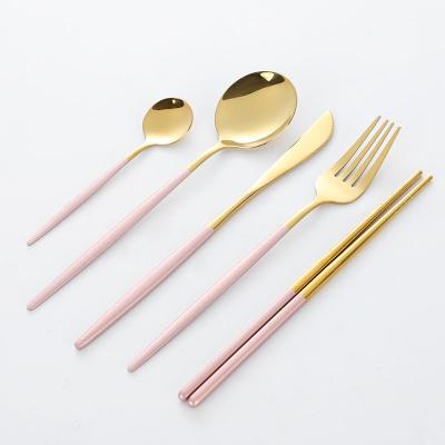 China Viable Style Gold Portugal Stainless Steel Handle Spoon Chopsticks Spoon Chopsticks Flatware Tableware Cutlery Set Brass Pink for sale